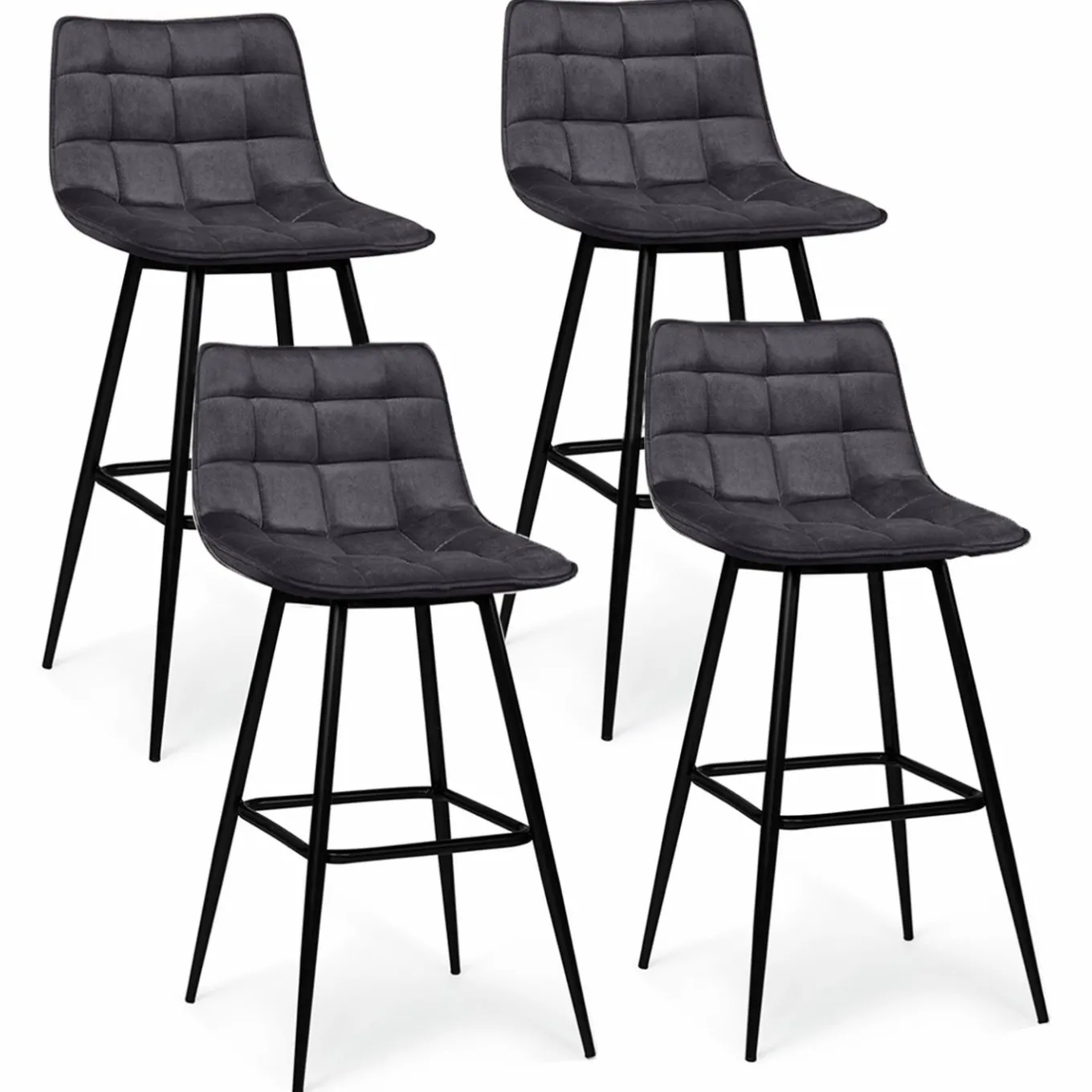 IDMarket Lot de 4 tabourets en velours gris matelassé* Collection Vintage|Collection Moderne