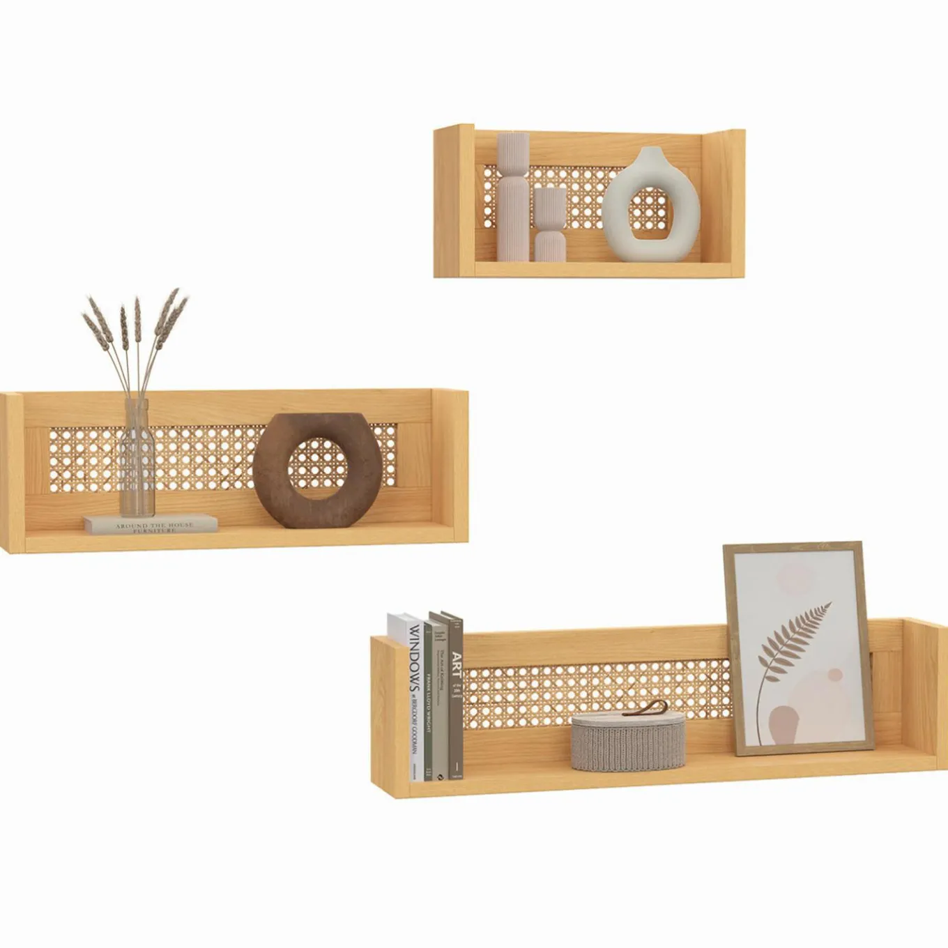 IDMarket Lot de 3 étagères murales bois et cannage 60/45/30 cm* Collection Cannage|Etagères