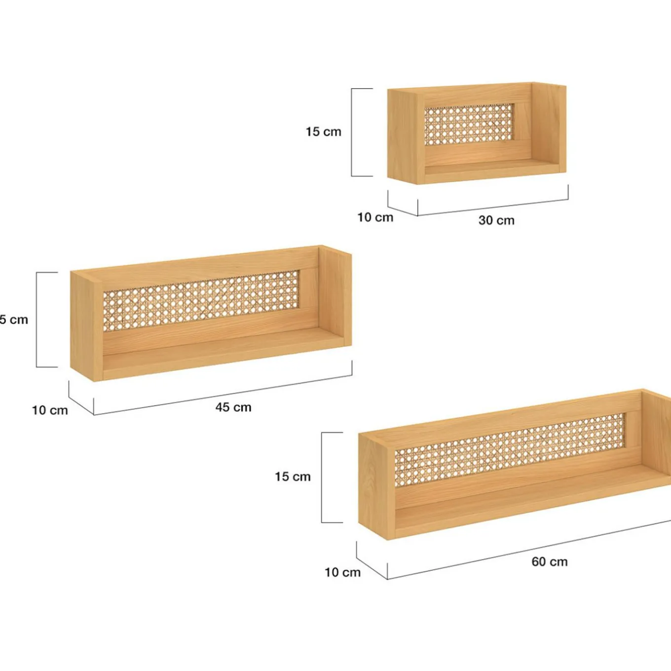 IDMarket Lot de 3 étagères murales bois et cannage 60/45/30 cm* Collection Cannage|Etagères