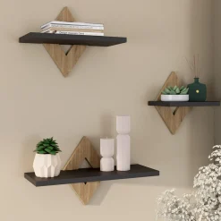 IDMarket Lot de 3 étagères murales couleur hêtre et noir* Décoration Et Accessoires|Etagères