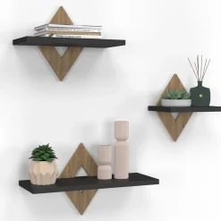 IDMarket Lot de 3 étagères murales couleur hêtre et noir* Décoration Et Accessoires|Etagères