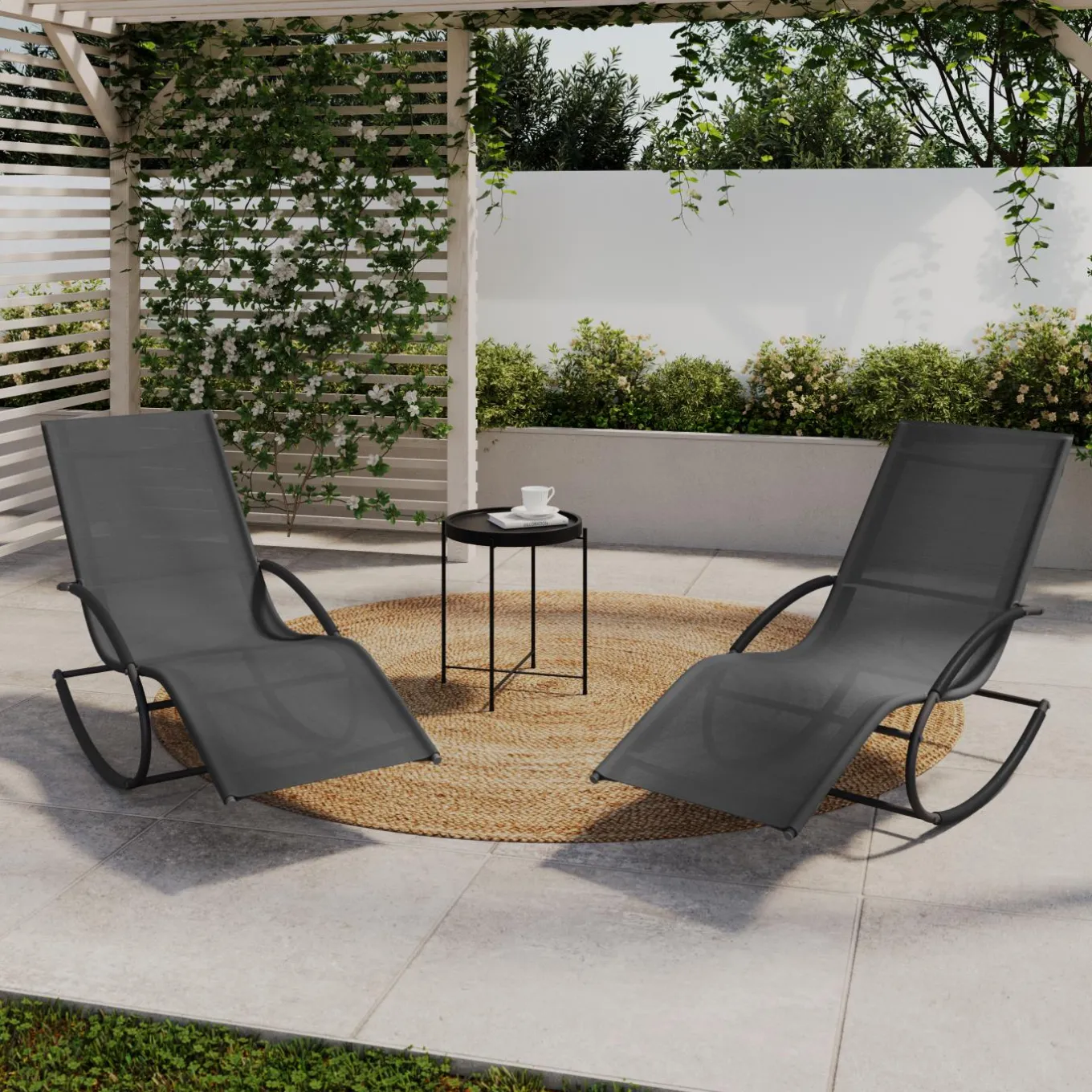 IDMarket Lot de 2 transats de jardin à bascule gris en acier et avec une toile grise* Bains De Soleil|Fauteuils De Jardin