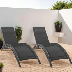 IDMarket Lot de 2 transats de jardin inclinables en acier avec coussin et toile gris anthracite* Bains De Soleil|Fauteuils De Jardin