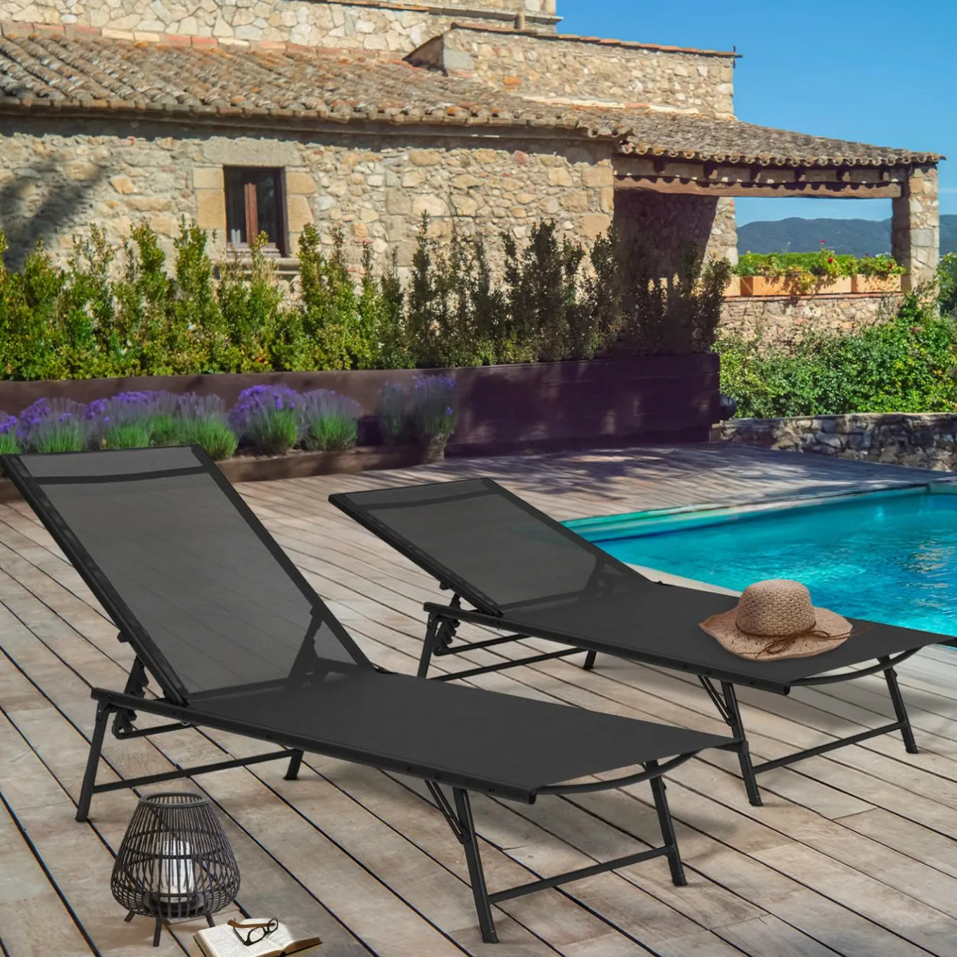 IDMarket Lot de 2 transats de jardin inclinables toile et acier noir* Bains De Soleil|Fauteuils De Jardin