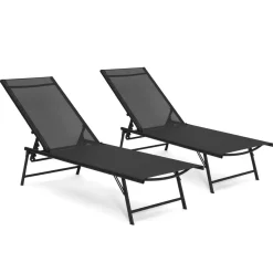 IDMarket Lot de 2 transats de jardin inclinables toile et acier noir* Bains De Soleil|Fauteuils De Jardin