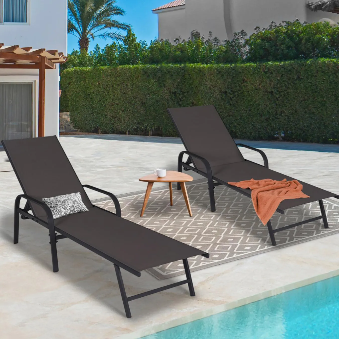 IDMarket Lot de 2 transats inclinables pour jardin en acier noir et toile grise* Bains De Soleil|Fauteuils De Jardin