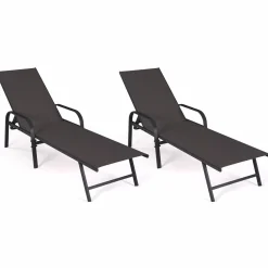 IDMarket Lot de 2 transats inclinables pour jardin en acier noir et toile grise* Bains De Soleil|Fauteuils De Jardin