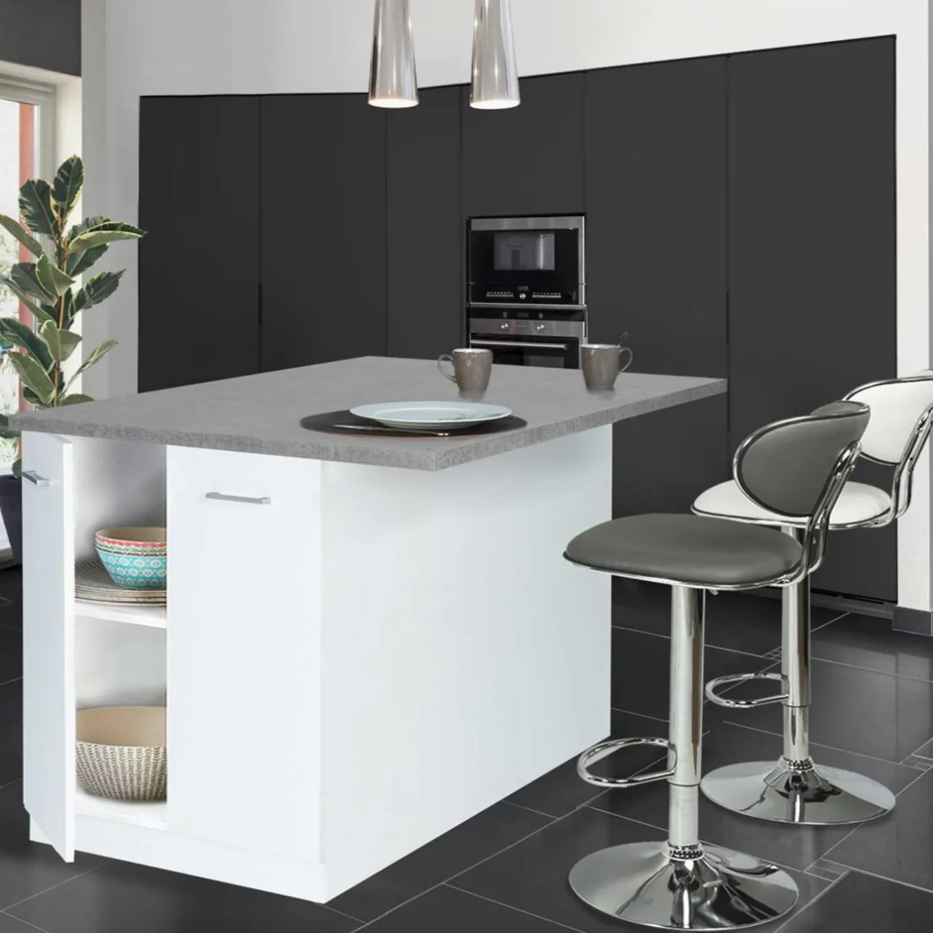 IDMarket Îlot de cuisine blanc et plateau façon béton* Meubles Hauts|Meubles Blancs