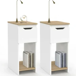 IDMarket Lot de tables de chevet blanc et bois* Meubles Bas|Meubles Blancs