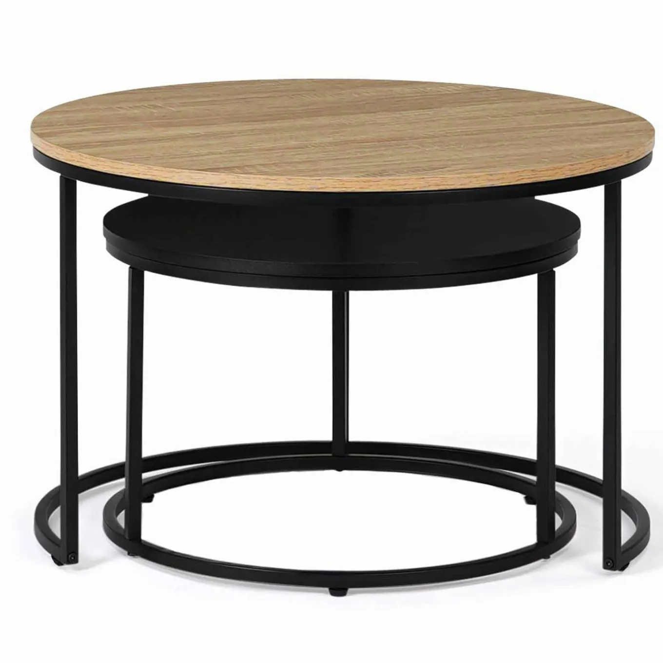 IDMarket Lots de 2 tables basses rondes gigognes noir et bois industrielles* Tables Basses|Salon Complet