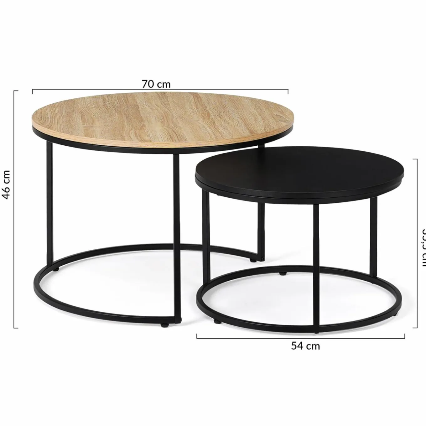 IDMarket Lots de 2 tables basses rondes gigognes noir et bois industrielles* Tables Basses|Salon Complet