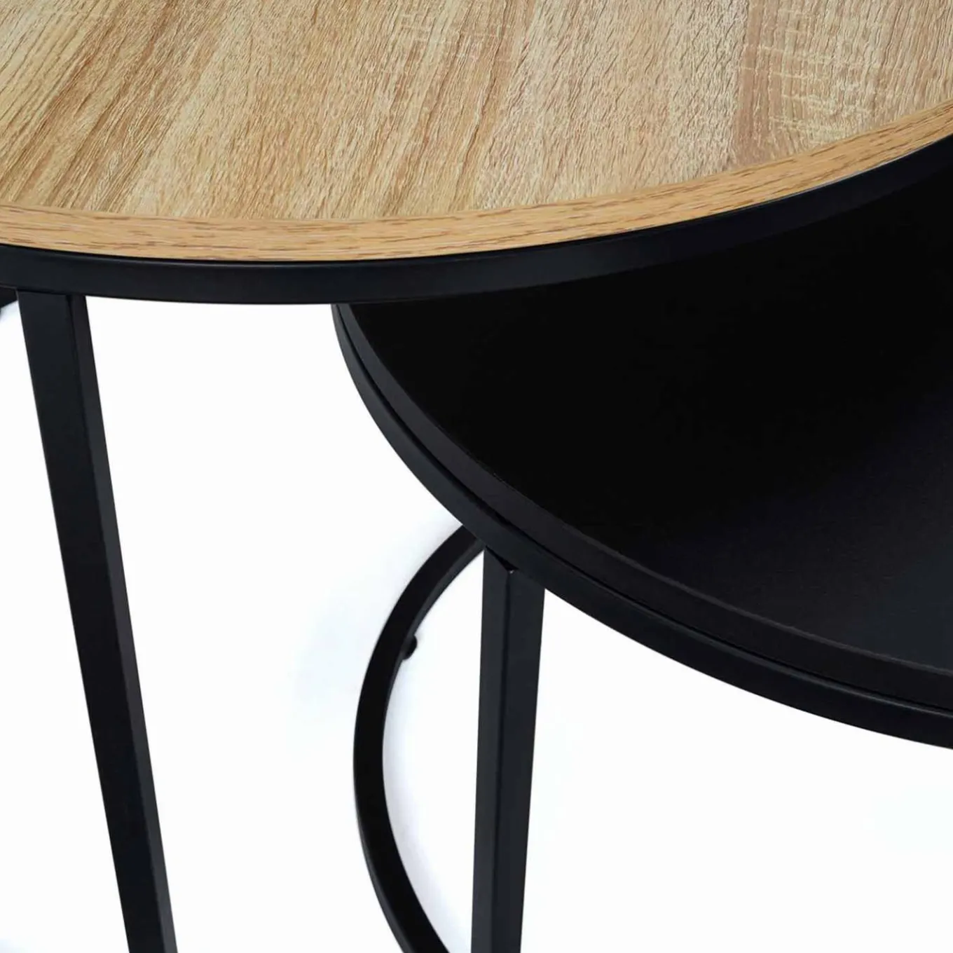 IDMarket Lots de 2 tables basses rondes gigognes noir et bois industrielles* Tables Basses|Salon Complet