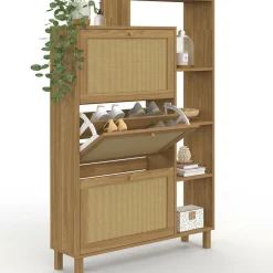 IDMarket Meuble à chaussures 18 paires 3 portes effet naturel cannage avec étagère* Collection Cannage|Petits Meubles
