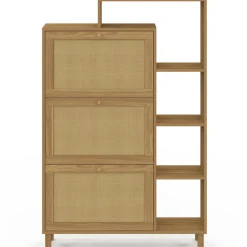 IDMarket Meuble à chaussures 18 paires 3 portes effet naturel cannage avec étagère* Collection Cannage|Petits Meubles