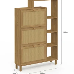IDMarket Meuble à chaussures 18 paires 3 portes effet naturel cannage avec étagère* Collection Cannage|Petits Meubles