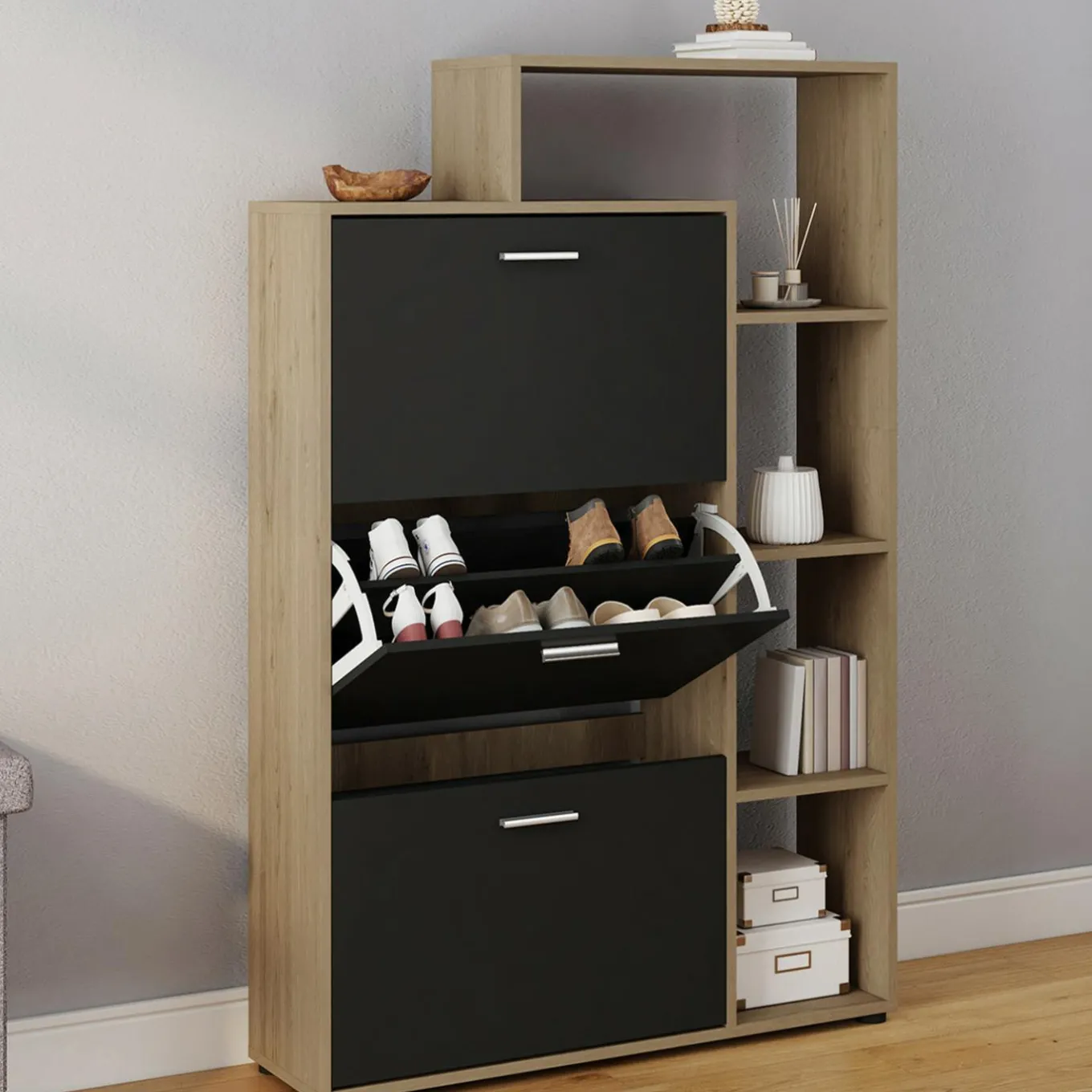 IDMarket Meuble à chaussures 3 portes noires avec étagères* Petits Meubles|Meubles À Chaussures