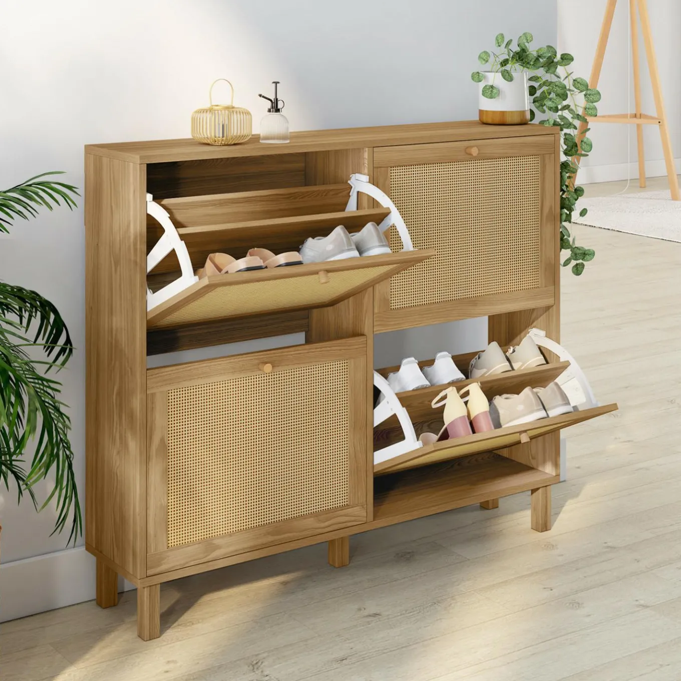 IDMarket Meuble à chaussures vintage effet naturel cannage 20 paires 4 portes* Collection Vintage|Collection Cannage