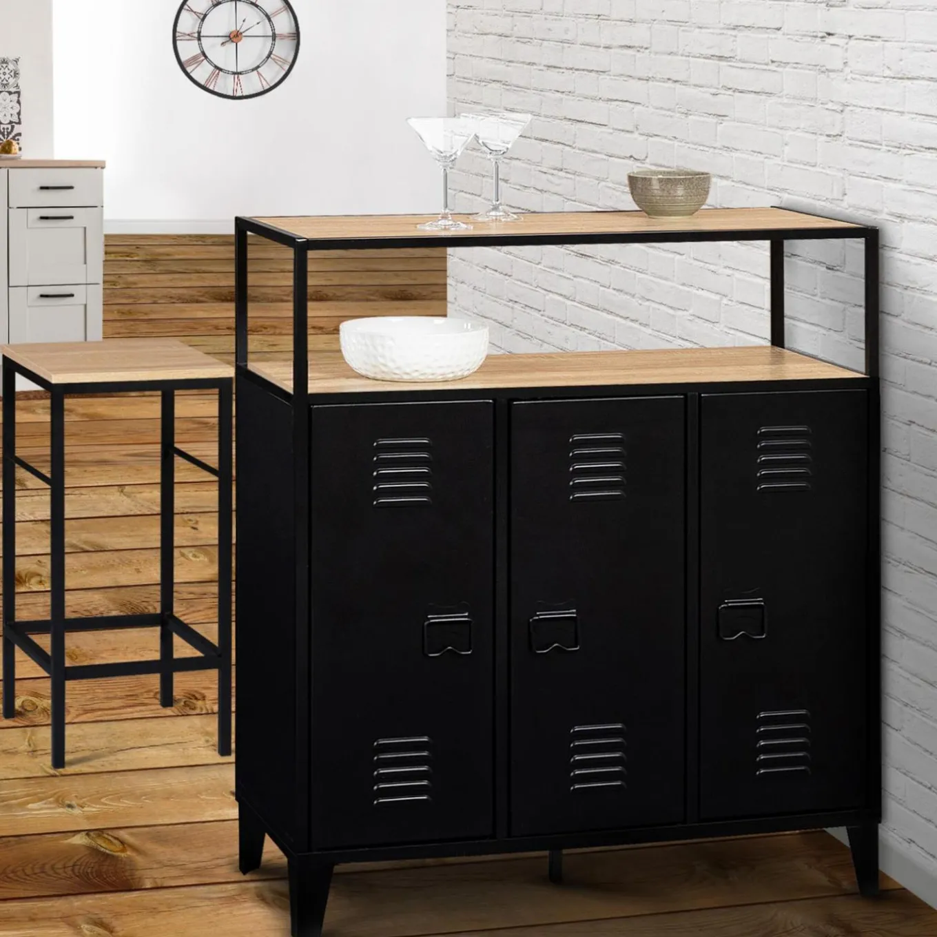 IDMarket Meuble bar métal noir et bois industriel* Collection Agencement Magasin|Collection Métal