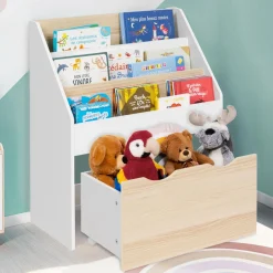 IDMarket Meuble bibliothèque pour enfant blanc et hêtre avec 3 étagères et 1 bac*Enfant Meubles Rangement Jouet|Meubles Enfant