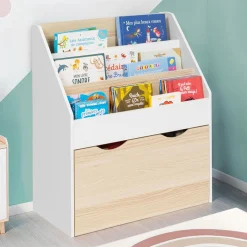 IDMarket Meuble bibliothèque pour enfant blanc et hêtre avec 3 étagères et 1 bac*Enfant Meubles Rangement Jouet|Meubles Enfant