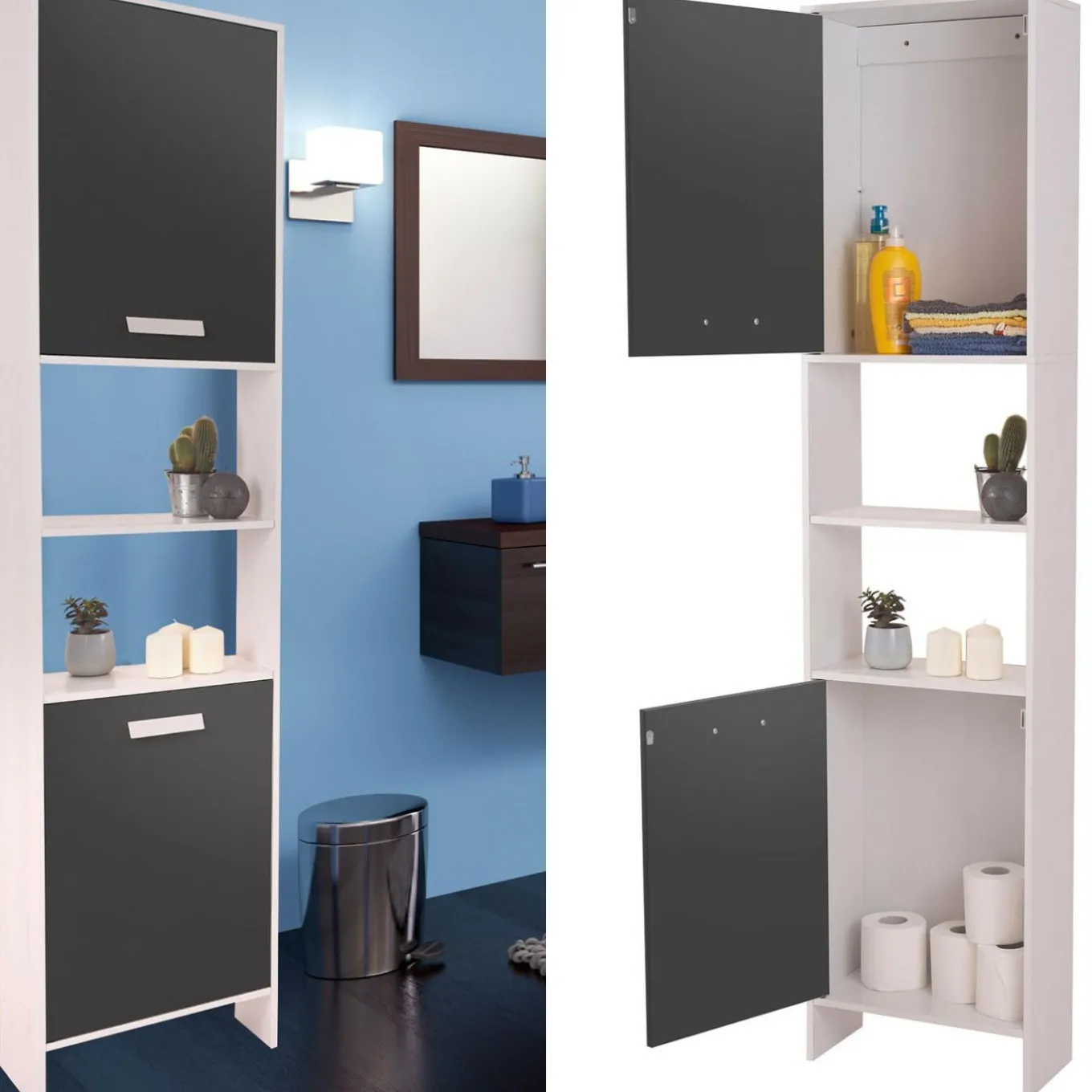 IDMarket Meuble colonne salle de bain blanc et gris* Meubles Salle De Bain