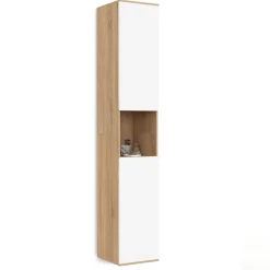 IDMarket Meuble colonne salle de bain suspendu 2 portes 1 niche façon hêtre et blanc* Meubles Salle De Bain|Collection Moderne