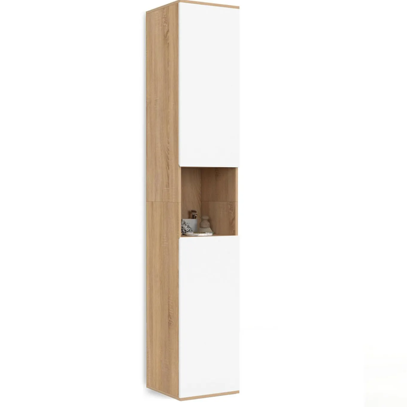 IDMarket Meuble colonne salle de bain suspendu 2 portes 1 niche façon hêtre et blanc* Meubles Salle De Bain|Collection Moderne