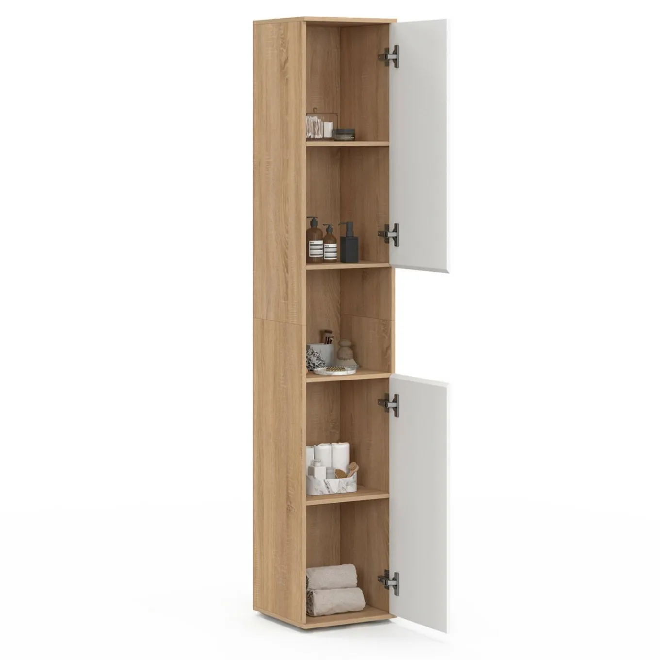 IDMarket Meuble colonne salle de bain suspendu 2 portes 1 niche façon hêtre et blanc* Meubles Salle De Bain|Collection Moderne