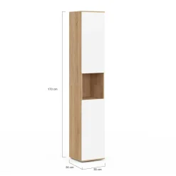 IDMarket Meuble colonne salle de bain suspendu 2 portes 1 niche façon hêtre et blanc* Meubles Salle De Bain|Collection Moderne