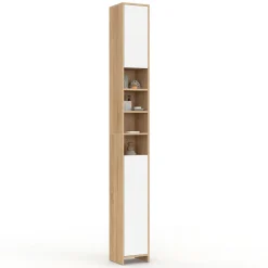 IDMarket Meuble colonne salle de bain 2 portes 4 niches façon hêtre et blanc* Collection Contemporaine|Meubles Salle De Bain