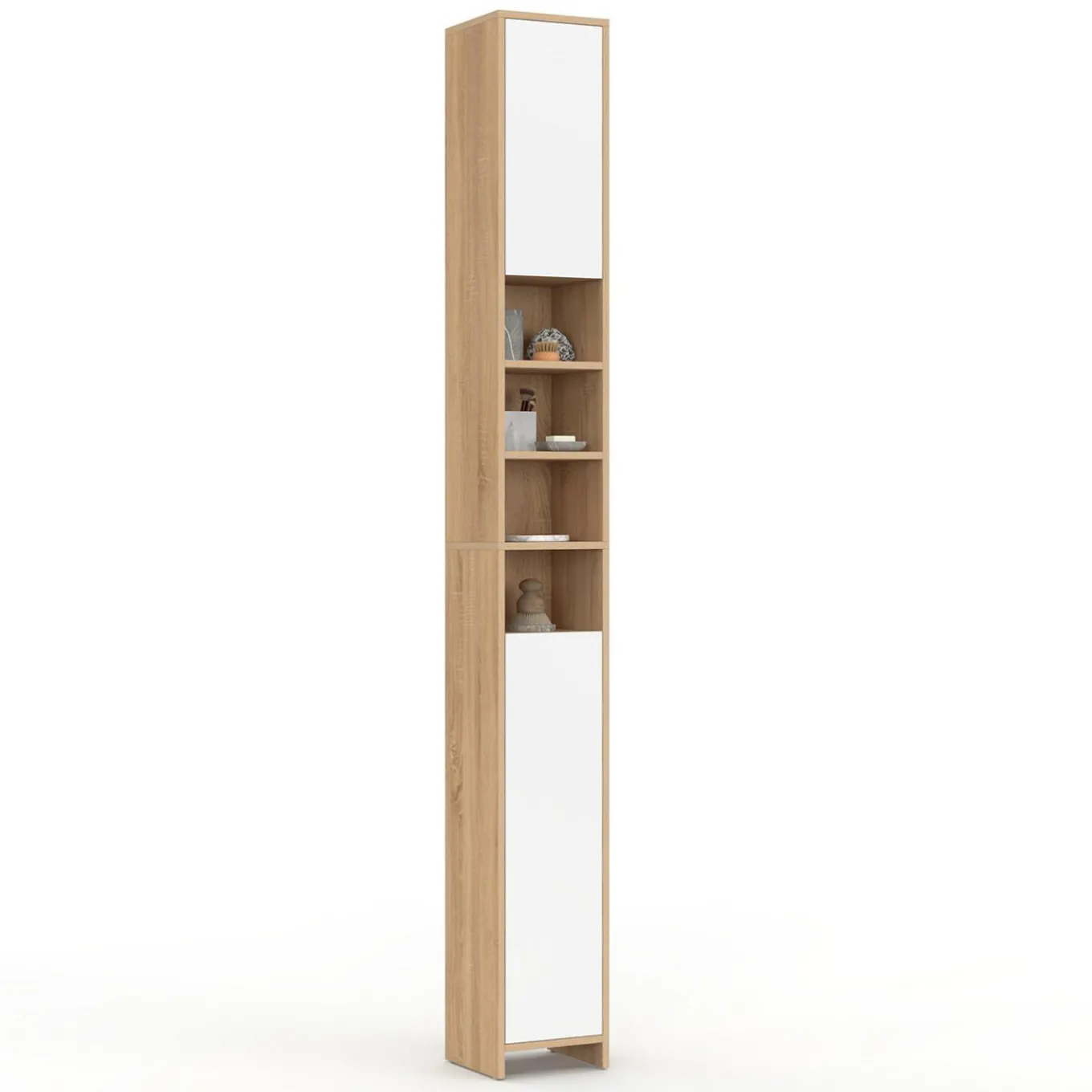 IDMarket Meuble colonne salle de bain 2 portes 4 niches façon hêtre et blanc* Collection Contemporaine|Meubles Salle De Bain