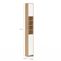 IDMarket Meuble colonne salle de bain 2 portes 4 niches façon hêtre et blanc* Collection Contemporaine|Meubles Salle De Bain