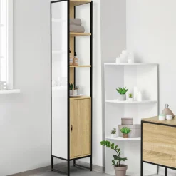 IDMarket Meuble colonne salle de bain 1 porte avec miroir et étagères* Meubles Salle De Bain|Collection Industrielle