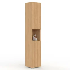 IDMarket Meuble colonne salle de bain 2 portes 1 niche effet lattes* Collection Contemporaine|Meubles Salle De Bain