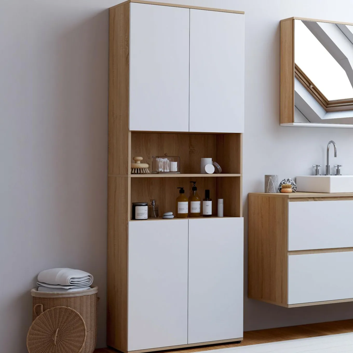 IDMarket Meuble colonne salle de bain 4 portes 2 niches façon hêtre et blanc* Meubles Salle De Bain