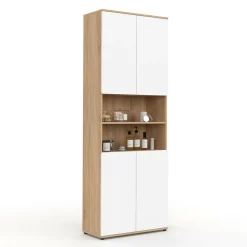 IDMarket Meuble colonne salle de bain 4 portes 2 niches façon hêtre et blanc* Meubles Salle De Bain