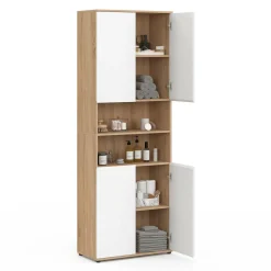 IDMarket Meuble colonne salle de bain 4 portes 2 niches façon hêtre et blanc* Meubles Salle De Bain