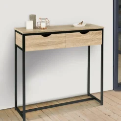 IDMarket Meuble console industrielle 2 tiroirs bois et métal 90 cm* Meubles Tiroirs|Collection Industrielle