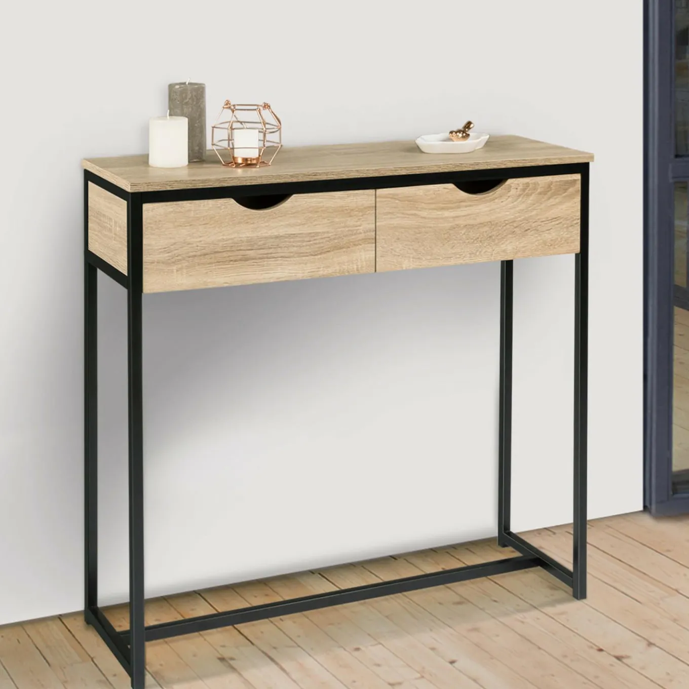 IDMarket Meuble console industrielle 2 tiroirs bois et métal 90 cm* Meubles Tiroirs|Collection Industrielle