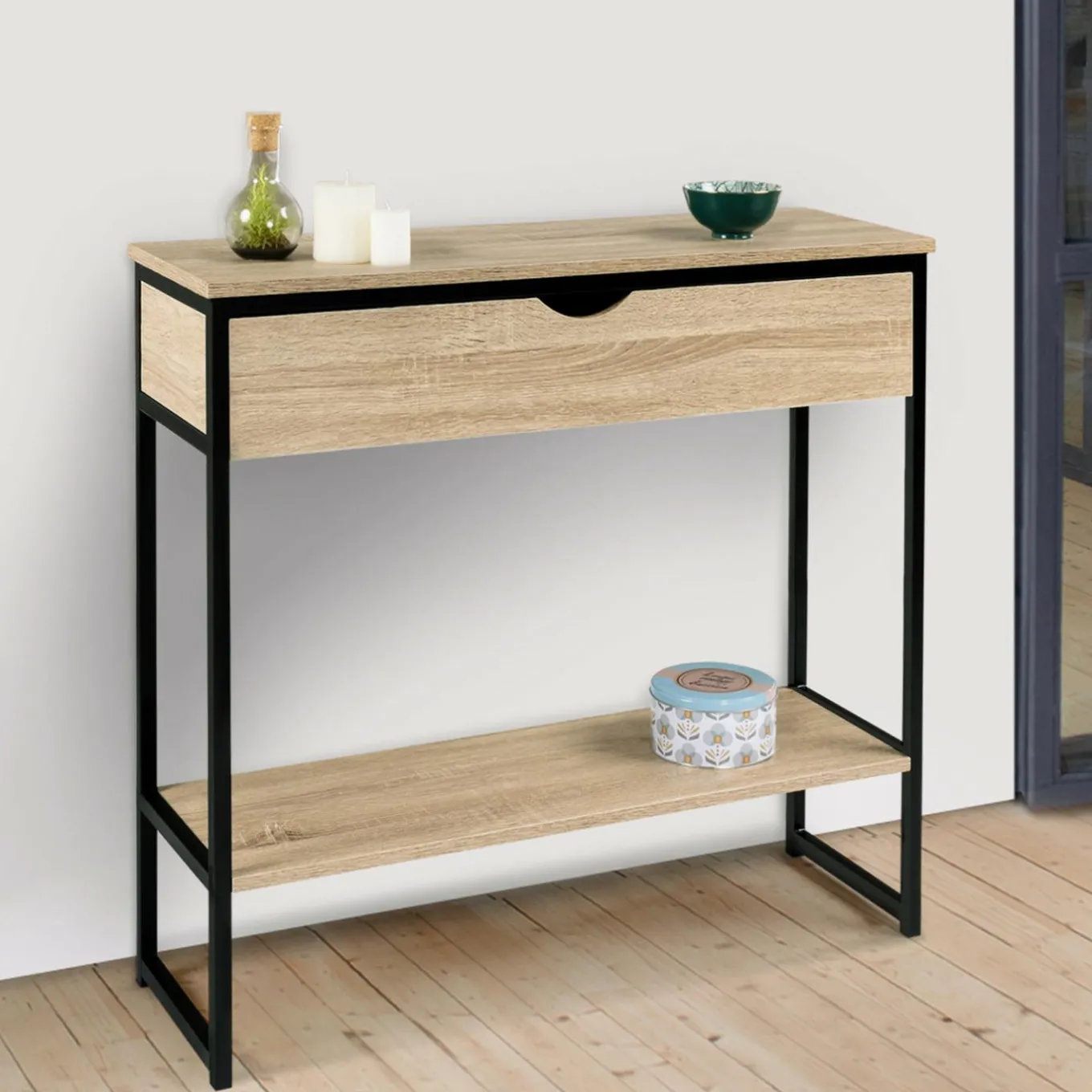 IDMarket Meuble console industrielle bois et métal 90 cm* Meubles Tiroirs|Meubles En Bois