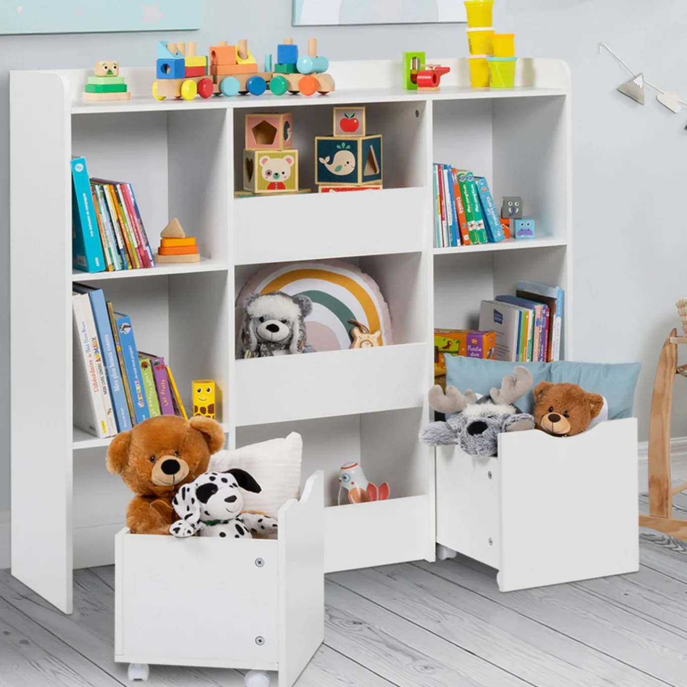 IDMarket Meuble de rangement blanc pour enfant sur roulettes*Enfant Etagères|Meubles Rangement Jouet