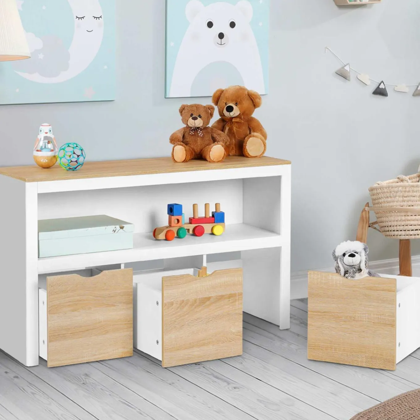 IDMarket Meuble de rangement pour enfant 3 tiroirs blanc et hêtre*Enfant Meubles Tiroirs|Meubles Blancs