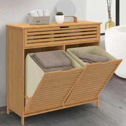 IDMarket Meuble de rangement salle de bain bambou BEA 2 paniers à linge amovibles 1 tiroir tissu écru* Paniers À Linge|Collection Bambou