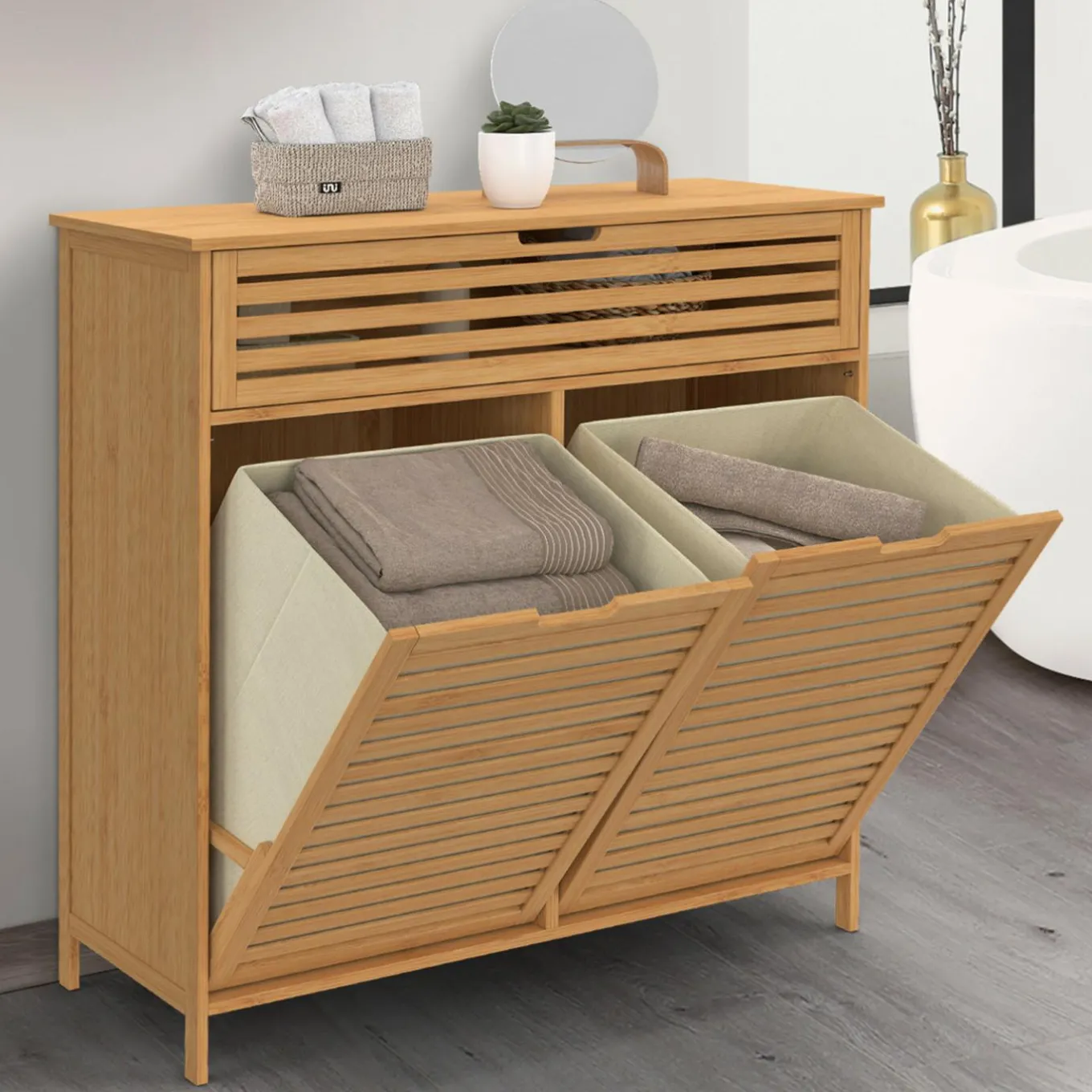 IDMarket Meuble de rangement salle de bain bambou BEA 2 paniers à linge amovibles 1 tiroir tissu écru* Paniers À Linge|Collection Bambou