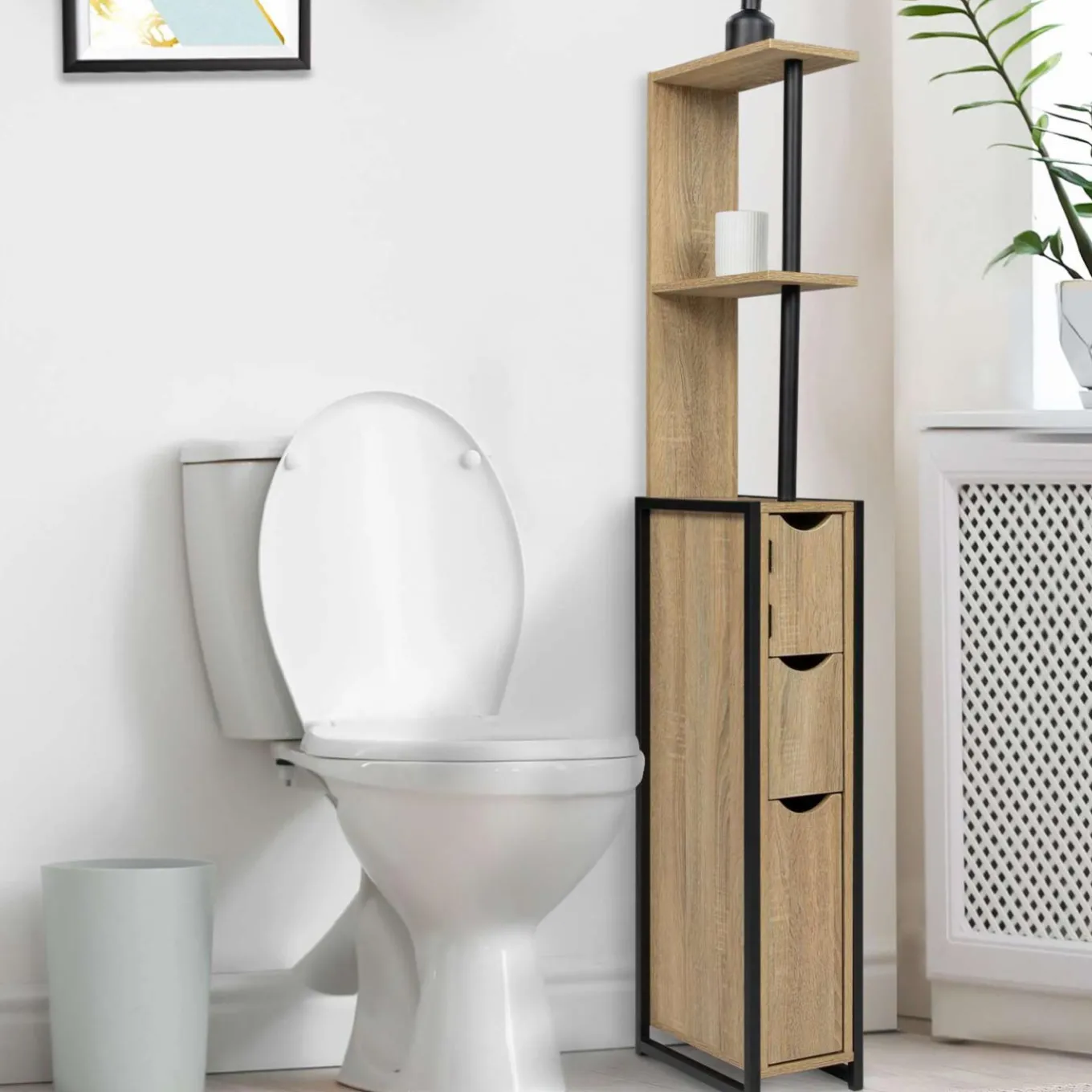 IDMarket Meuble de toilette industriel bois et métal noir 3 portes avec étagères* Meubles Hauts|Meubles Salle De Bain