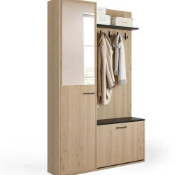 IDMarket Meuble d’entrée vestiaire effet bois et noir avec banc rangement à chaussures, miroir 1 porte et étagères* Meubles Hauts|Collection Design