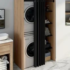 IDMarket Meuble pour buanderie double machine à laver 180 cm hêtre et noir avec rideau coulissant* Séchoirs À Linge|Collection Contemporaine