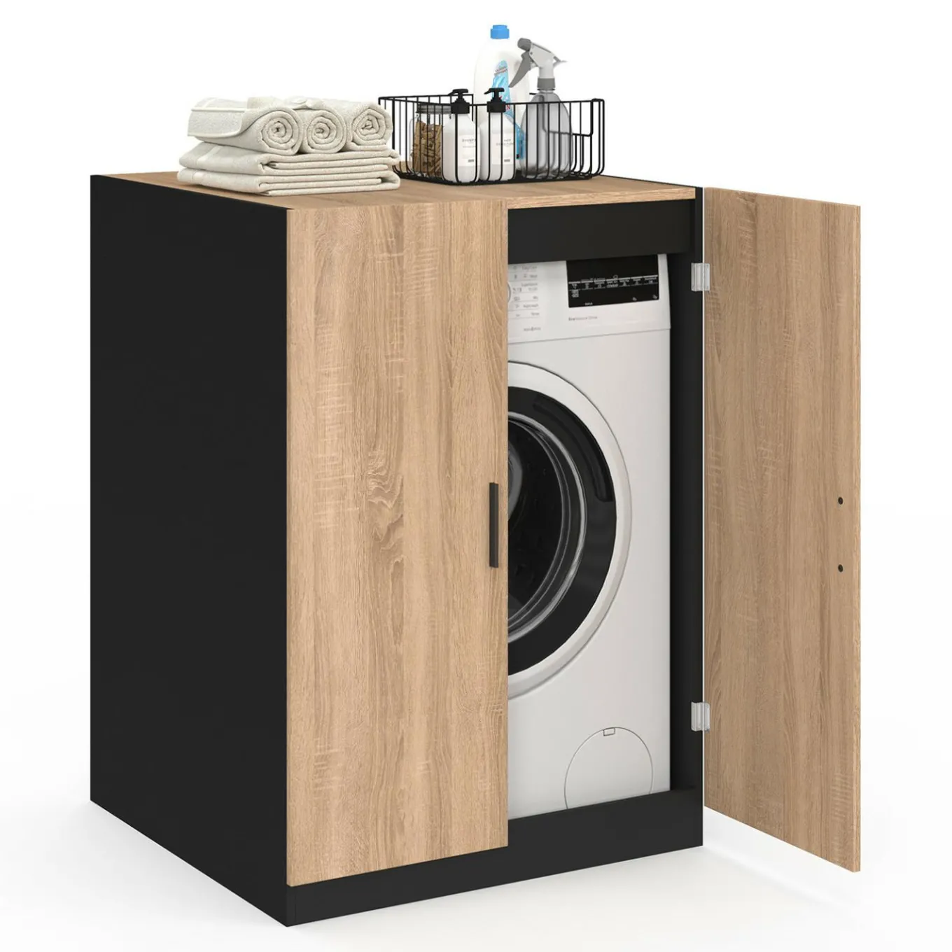 IDMarket Meuble pour machine à laver avec portes noir et hêtre* Rangement Et Accessoires|Séchoirs À Linge
