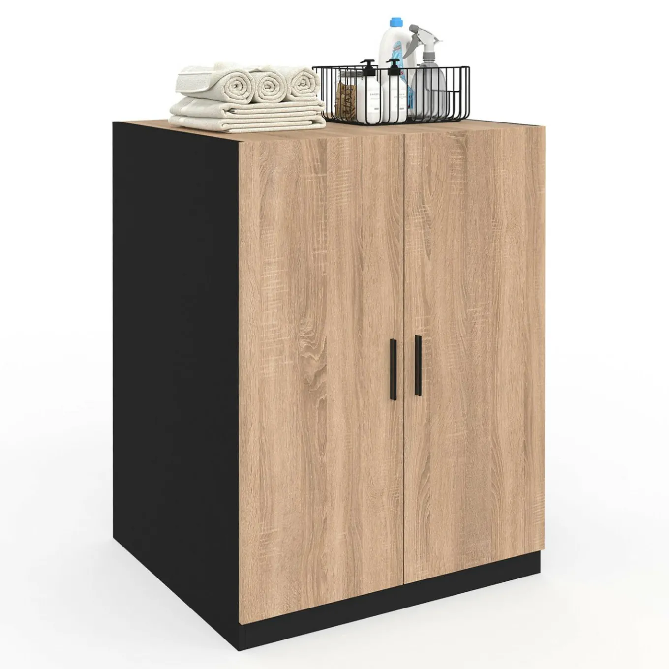 IDMarket Meuble pour machine à laver avec portes noir et hêtre* Rangement Et Accessoires|Séchoirs À Linge