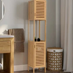 IDMarket Meuble salle de bain colonne bambou 2 portes* Rangement Et Accessoires|Collection Bambou